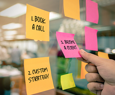 Sticky notes on glass board showing: 1. Book A Call, 2. Custom Strategy, 3. Become A Client